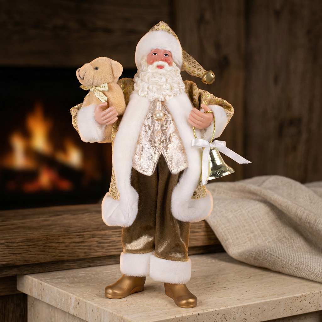 Santa Claus Standing, 28cm, Decorative Figurine in Gold with Teddy Bear & Bells