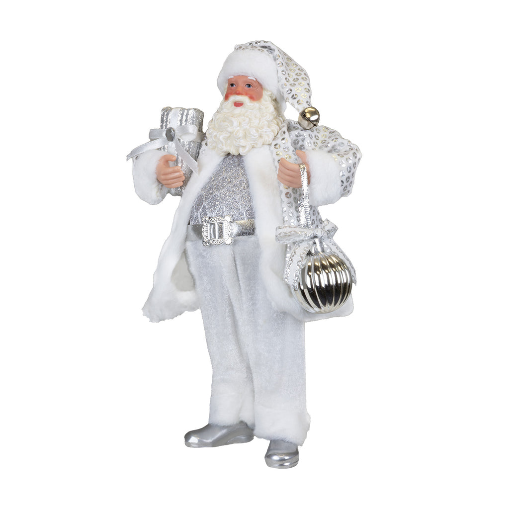 Weihnachtsmann 28cm stehend Santa Claus Dekofigur in Silber mit Geschenk & Kugel