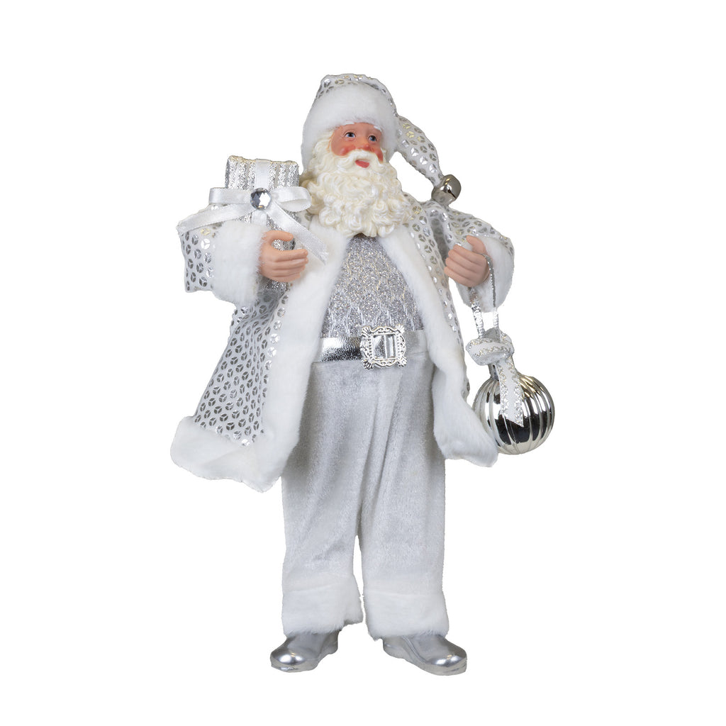 Weihnachtsmann 28cm stehend Santa Claus Dekofigur in Silber mit Geschenk & Kugel