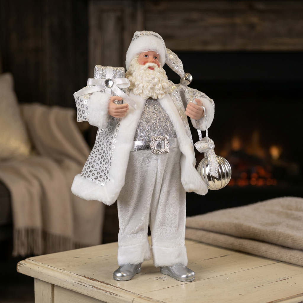 Weihnachtsmann 28cm stehend Santa Claus Dekofigur in Silber mit Geschenk & Kugel