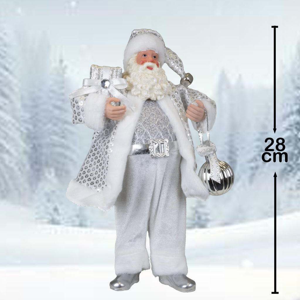 Weihnachtsmann 28cm stehend Santa Claus Dekofigur in Silber mit Geschenk & Kugel