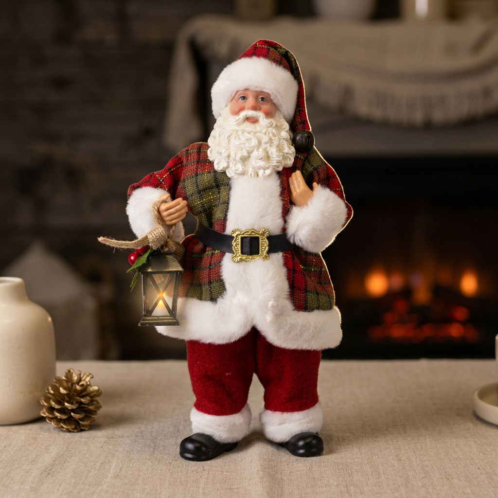 Weihnachtsmann Figur 23 cm Santa Claus stehend mit Laterne und kariert – Trendyshop365