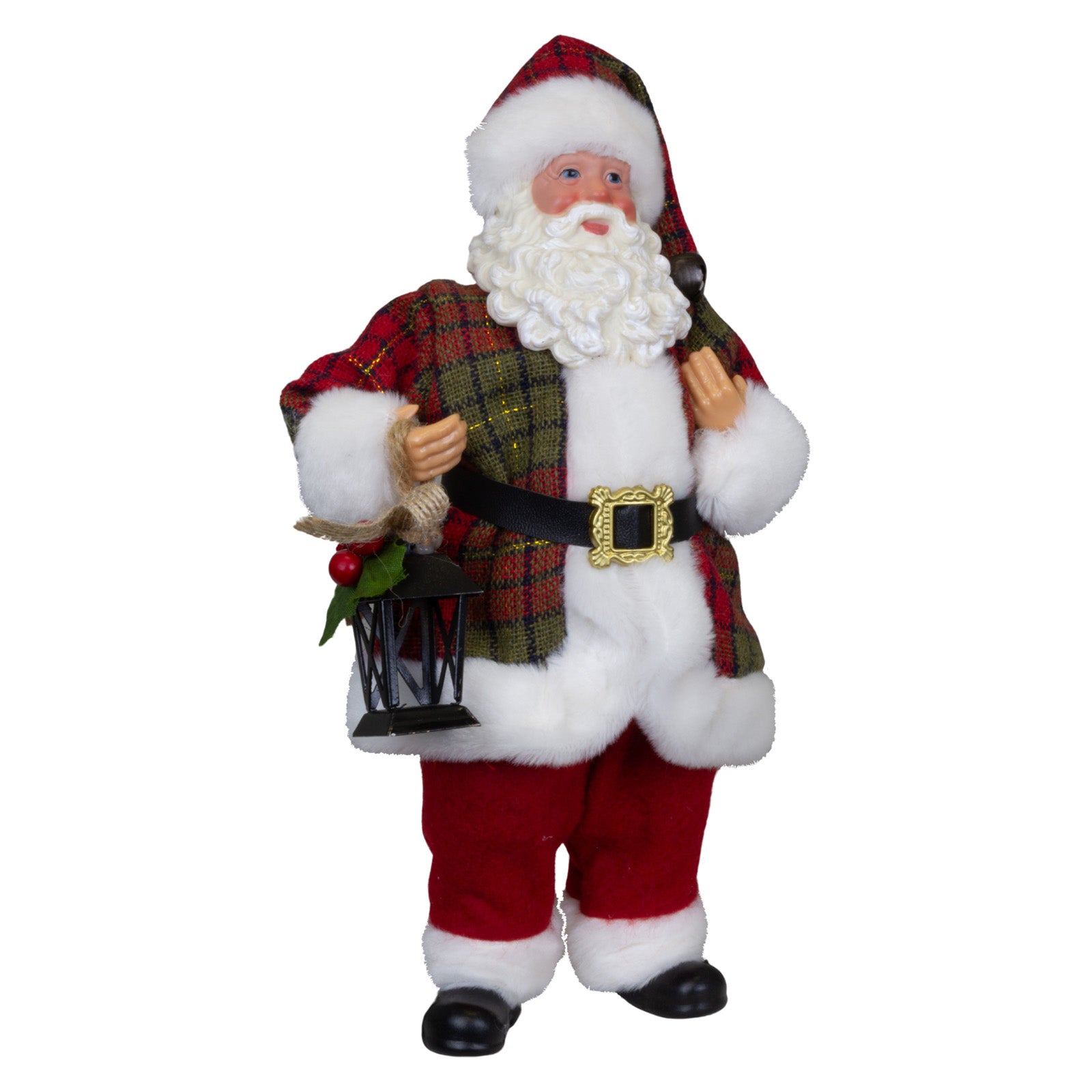 Weihnachtsmann Figur 23 cm Santa Claus stehend mit Laterne und kariertem Mantel