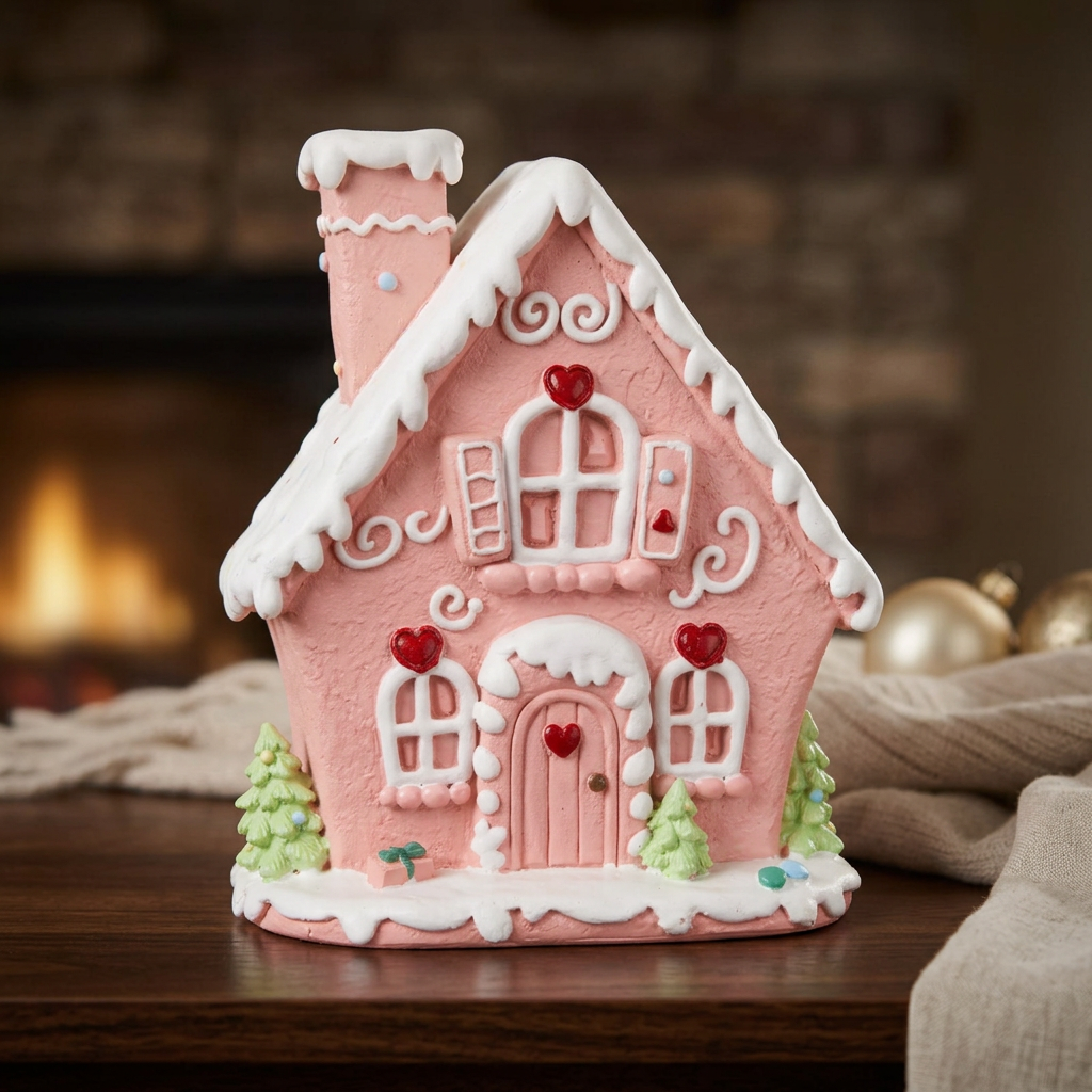 Lebkuchenhaus 15 cm – Handgefertigtes Dekohaus in Rosa mit Herzdetails | Weihnachtsdekoration