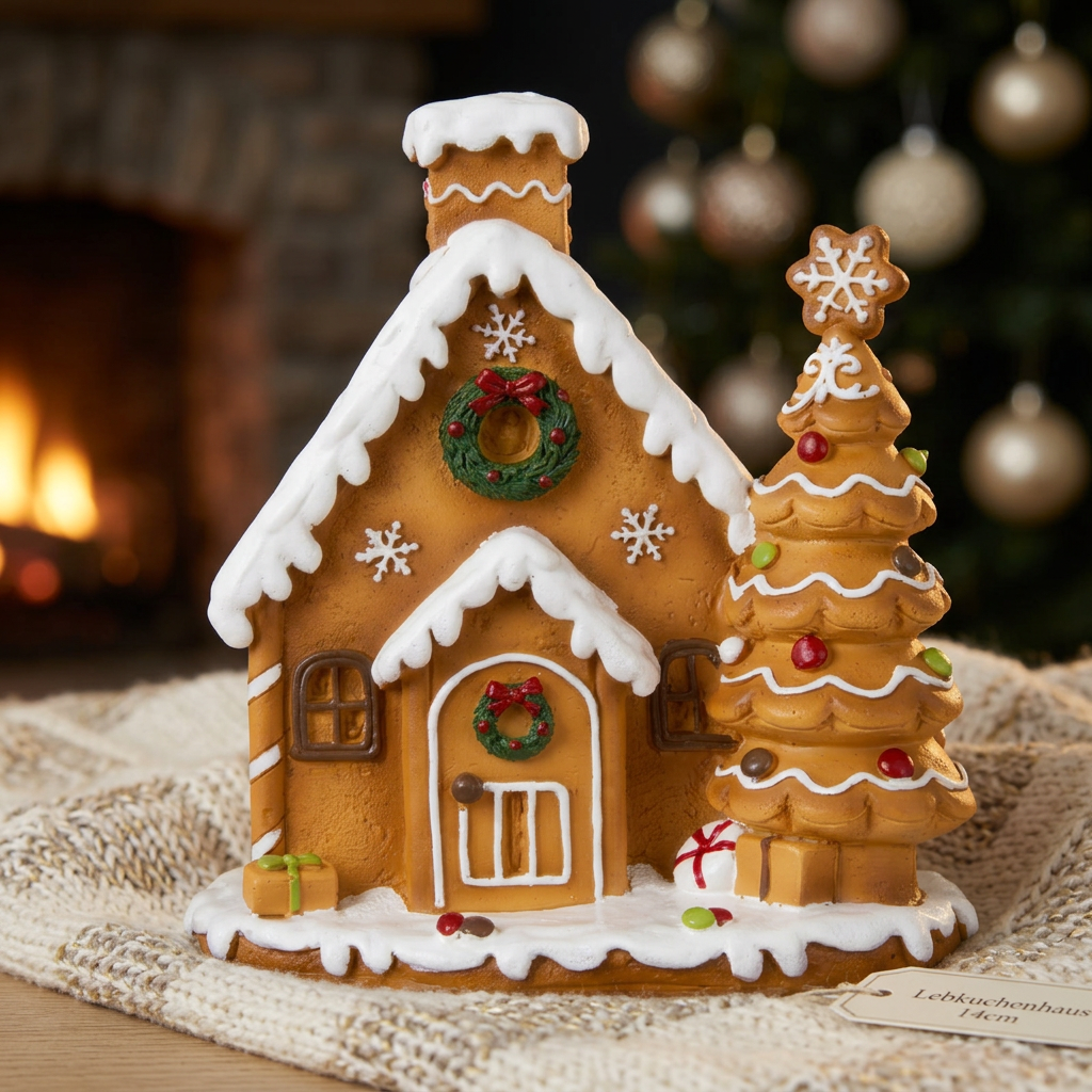 Lebkuchenhaus 14 cm – Handgefertigtes Dekohaus mit Tannenbaum und Weihnachtskranz | Weihnachtsdekoration