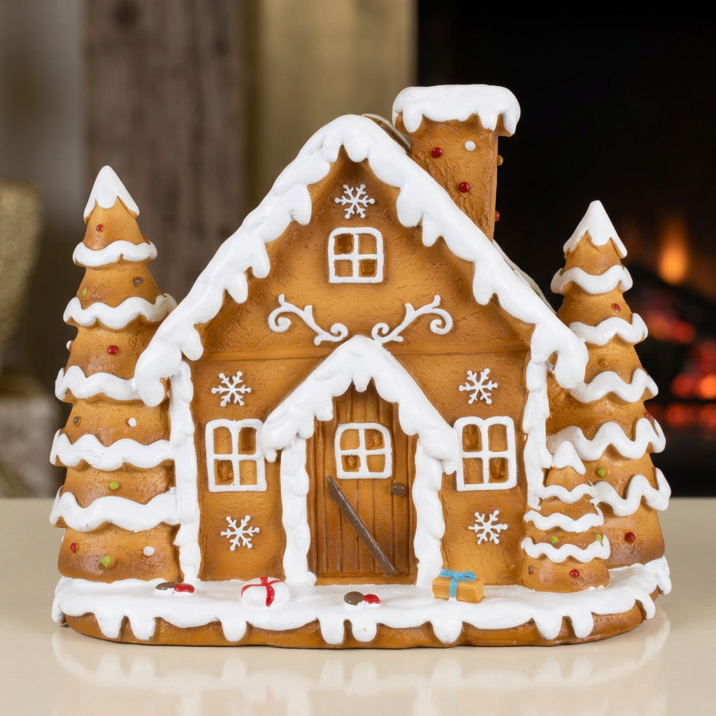 Lebkuchenhaus 14 cm – Handgefertigtes Dekohaus mit verschneiten Tannenbäumen | Weihnachtsdekoration