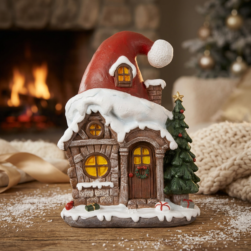 Lebkuchenhaus 19 cm – Märchenhaftes Dekohaus mit Weihnachtsmütze | Weihnachtsdekoration