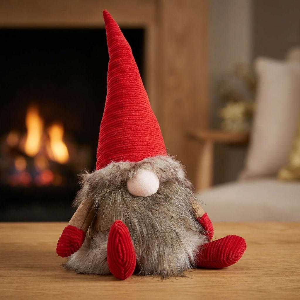 Sitting Gnome 31 cm – Fluffy Christmas Gnome with Red Pointed Hat and Shaggy Beard