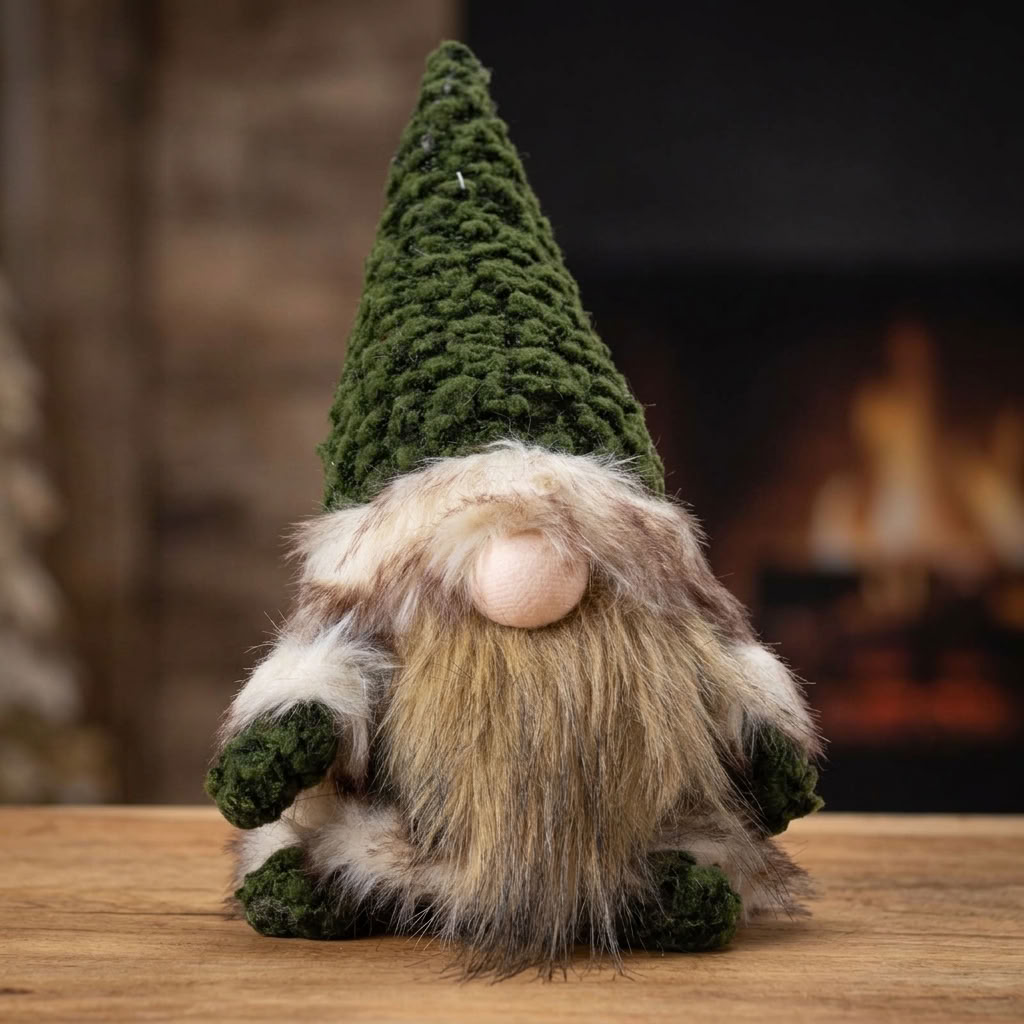 30 cm Sitting Gnome – Rustic Christmas Gnome with Fluffy Beard and Green Plush Hat