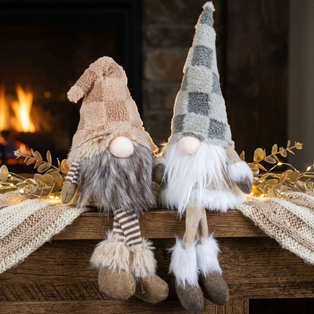 Gnome Ledge Sitter 30cm (50cm) 2 Designs – Fluffy Christmas Gnome in a Wintery Look