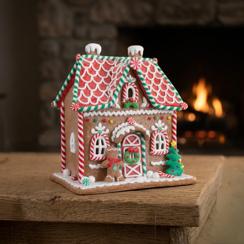 LED Lebkuchenhaus 18 cm – Leuchtendes Dekohaus mit Bonbonverzierungen
