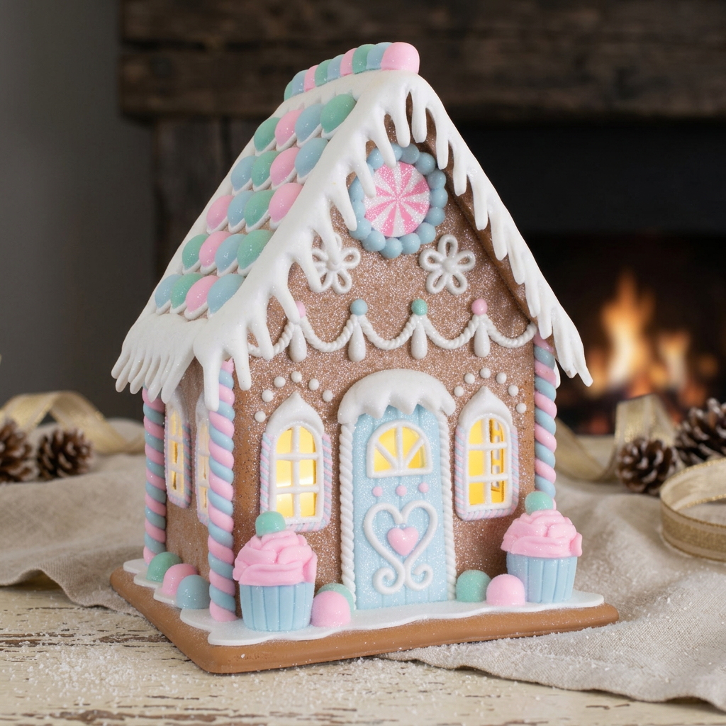 LED Lebkuchenhaus 20 cm – Pastellfarbenes Dekohaus mit Muffins, LED & Timer