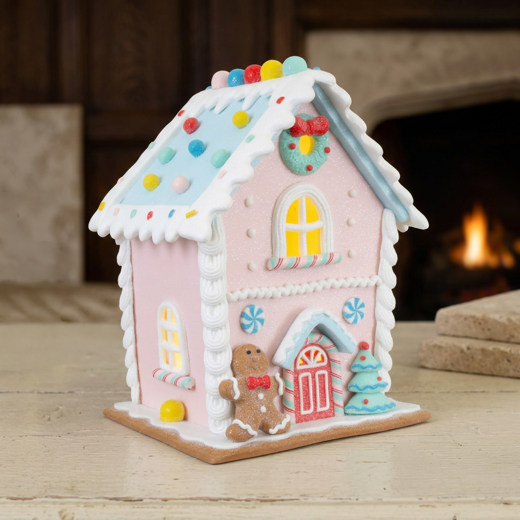 LED Gingerbread House 21 cm – Pastel Decorative House with Gingerbread Figure