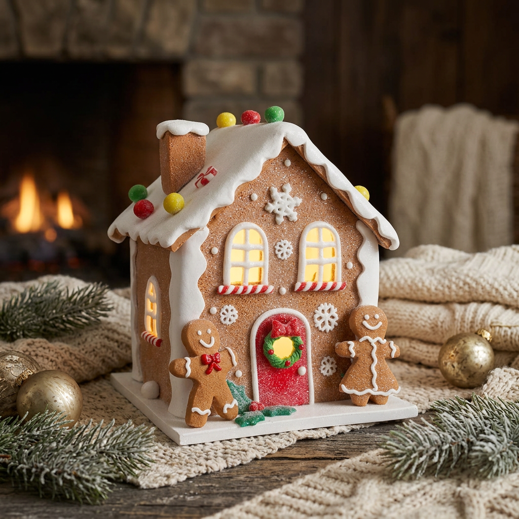 LED Lebkuchenhaus 21 cm – Leuchtendes Dekohaus mit Lebkuchenfiguren