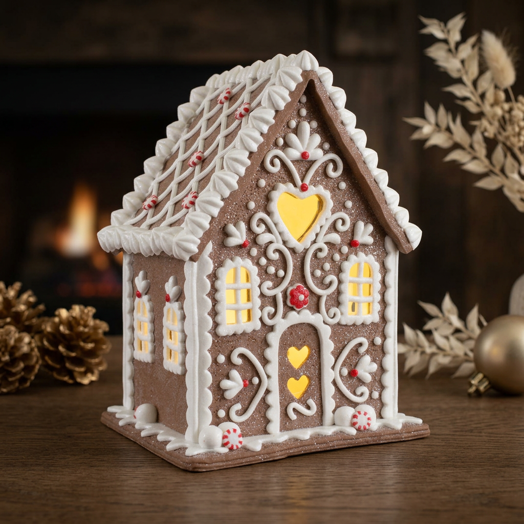 LED Lebkuchenhaus 20 cm – Leuchtendes Dekohaus mit Herzfenster