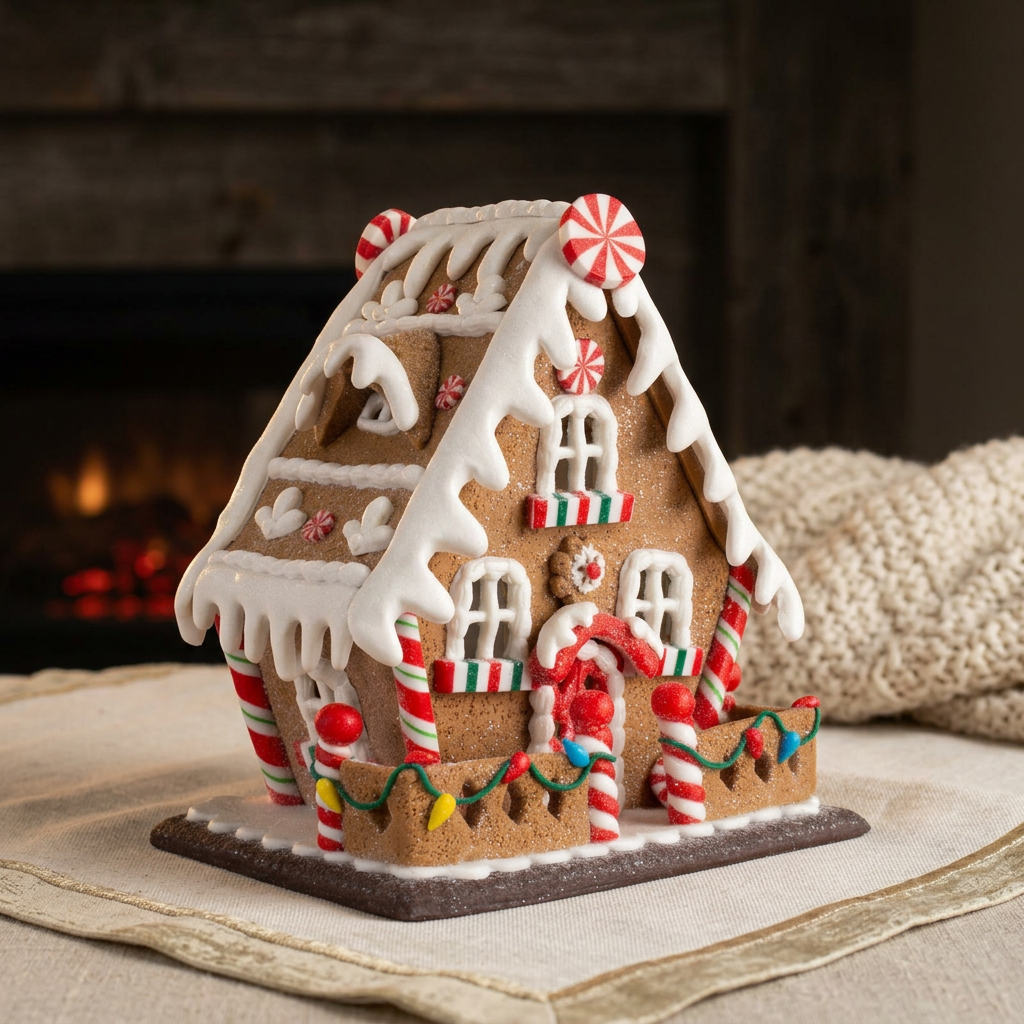 Gingerbread House 14 cm - Detailed Decorative House with Fence & Candy Canes