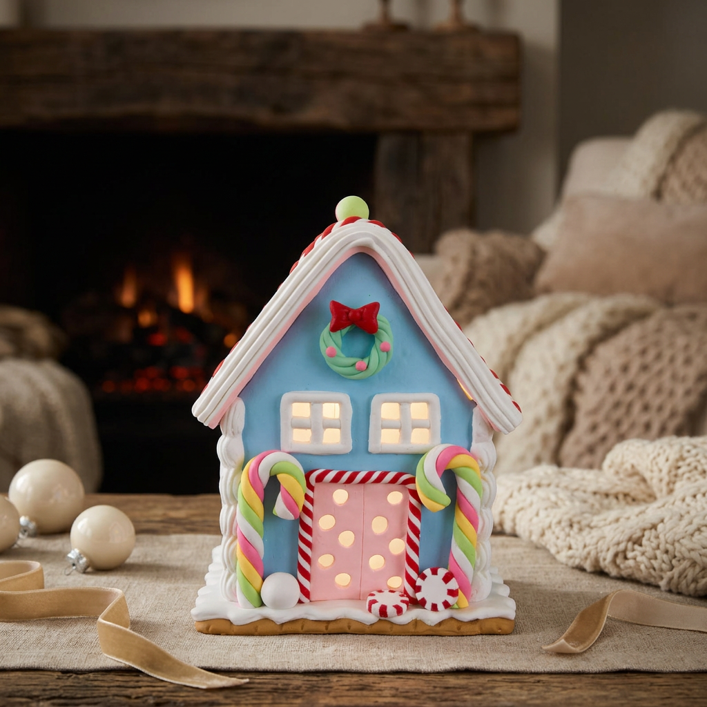 LED Gingerbread House 13 cm – Pastel-colored Decorative House with Candy Canes