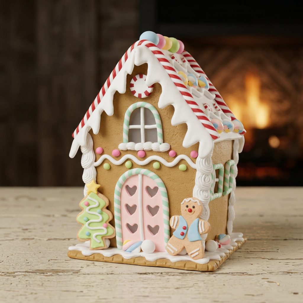 LED Lebkuchenhaus 20 cm – Pastellfarbenes Dekohaus mit Lebkuchenfigur