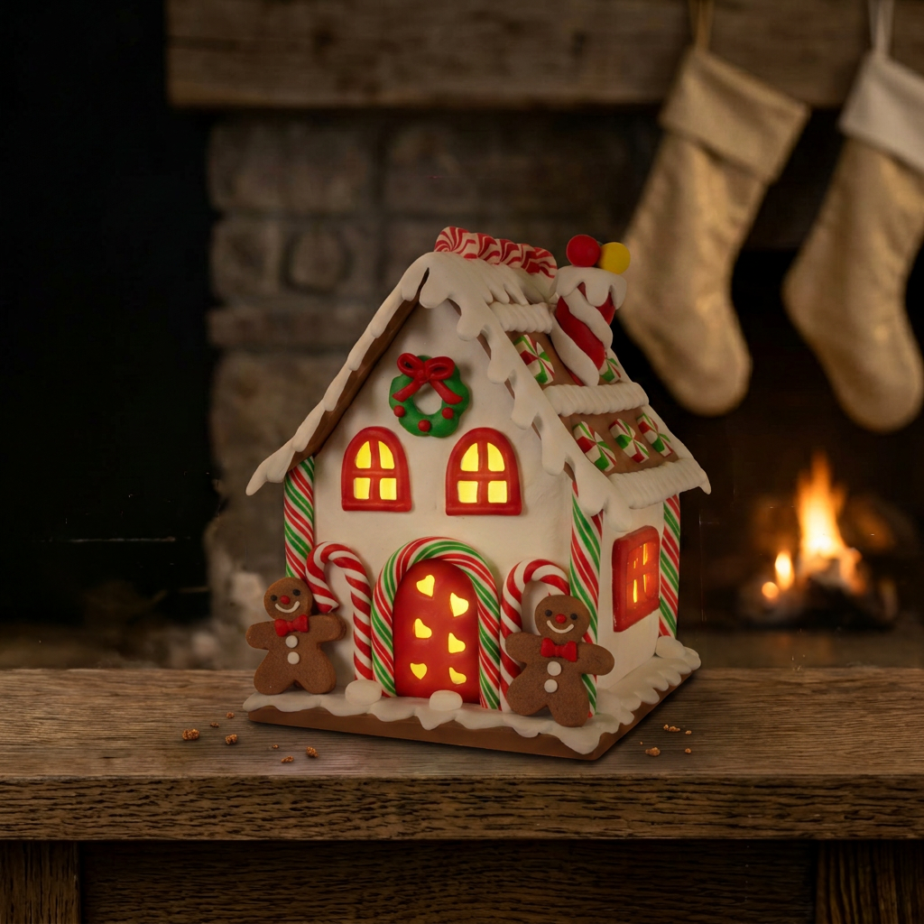 Festliches LED-Lebkuchenhaus 17cm – mit Zuckerstangen & Figuren