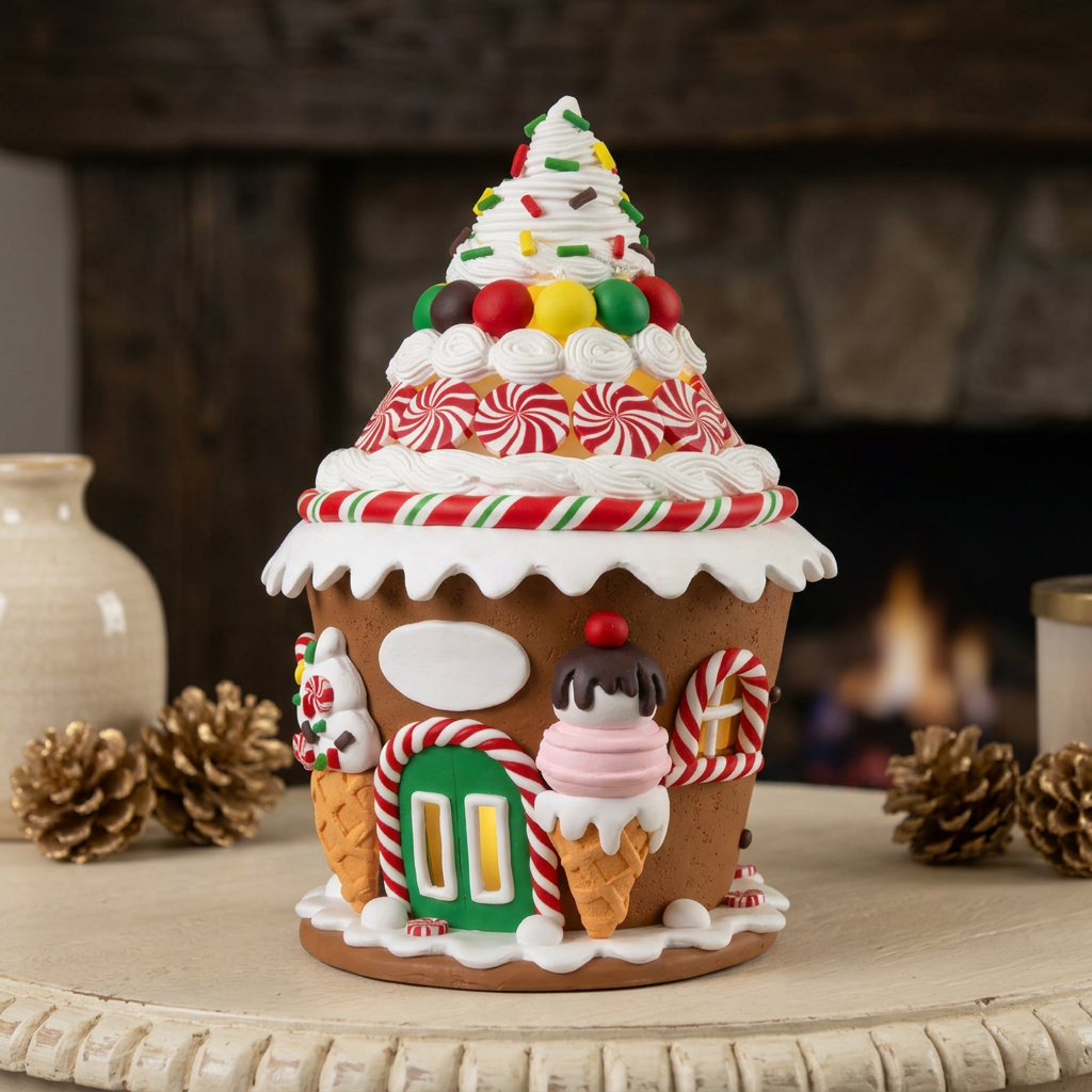 Buntes LED Lebkuchenhaus 23 cm – Muffin-Haus mit Eiswaffeldetails