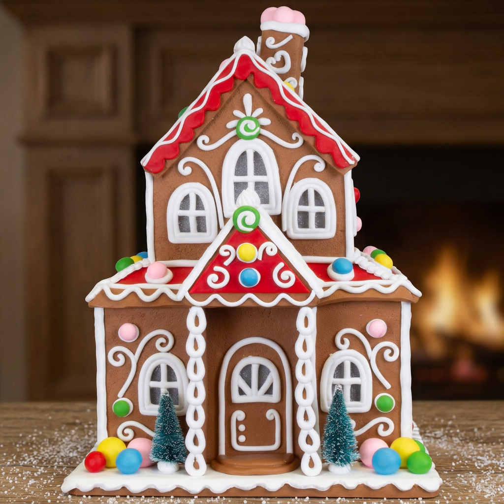 Buntes LED Lebkuchenhaus mit liebevollen Weihnachtsverzierungen 34cm