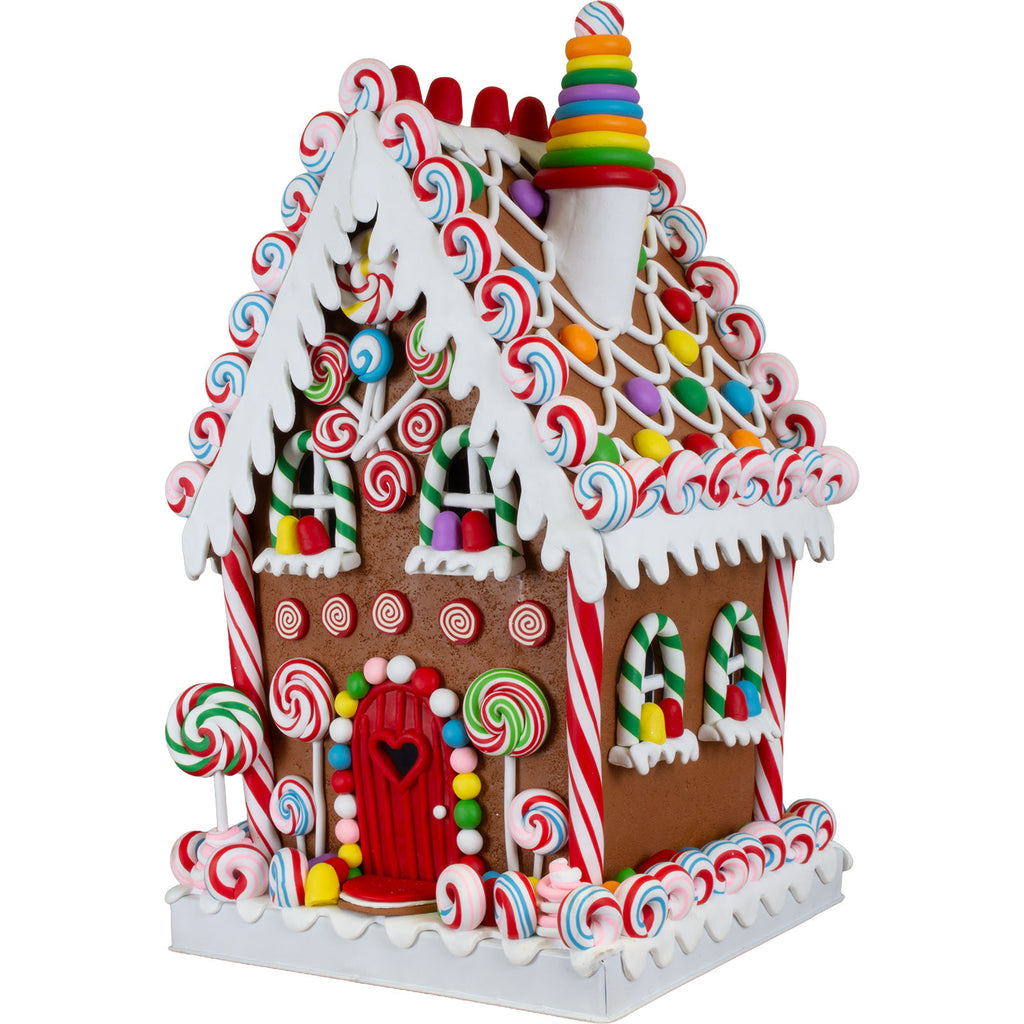 Colorful XXL LED gingerbread house with colorful lollipop pattern 35cm