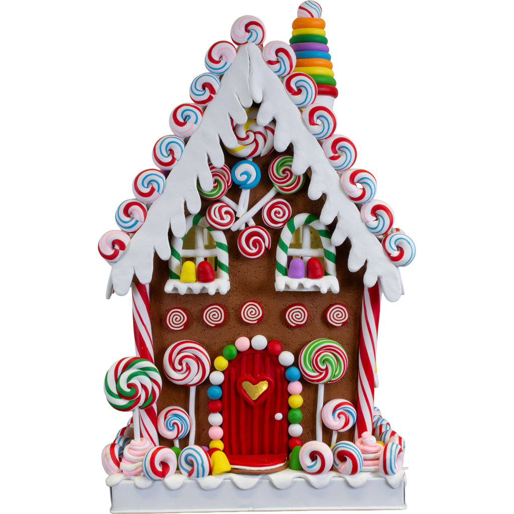 Colorful XXL LED gingerbread house with colorful lollipop pattern 35cm