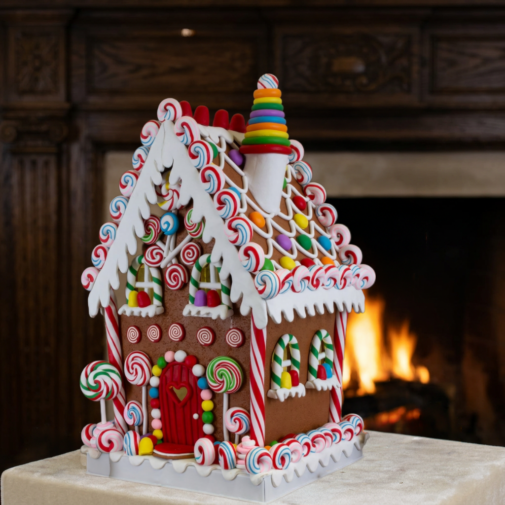 Colorful XXL LED gingerbread house with colorful lollipop pattern 35cm