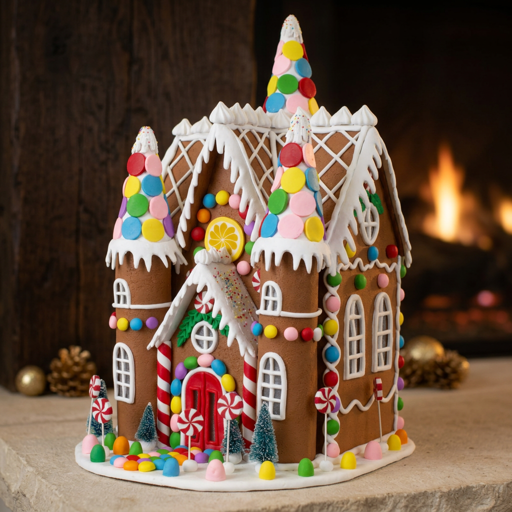 Buntes LED-Lebkuchenhaus 42cm - festlich geschmücktes Weihnachtsschloss