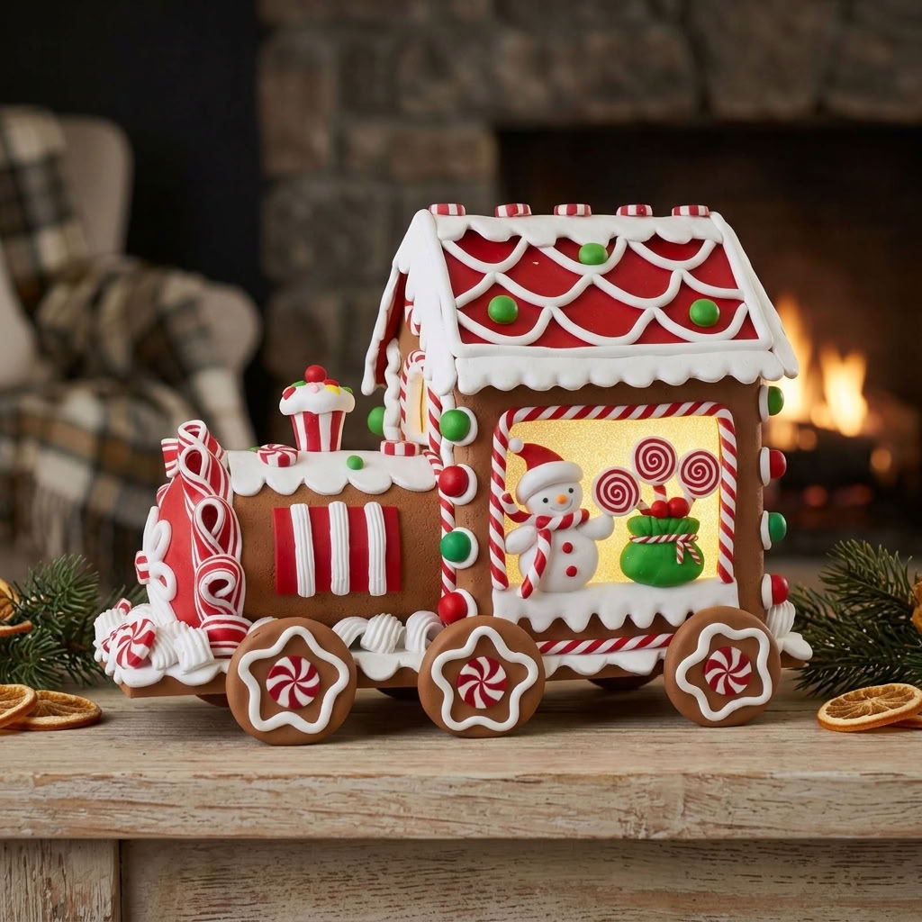 Bunter LED-Lebkuchenzug mit Schneemann – Festliche Weihnachtsdeko 26cm