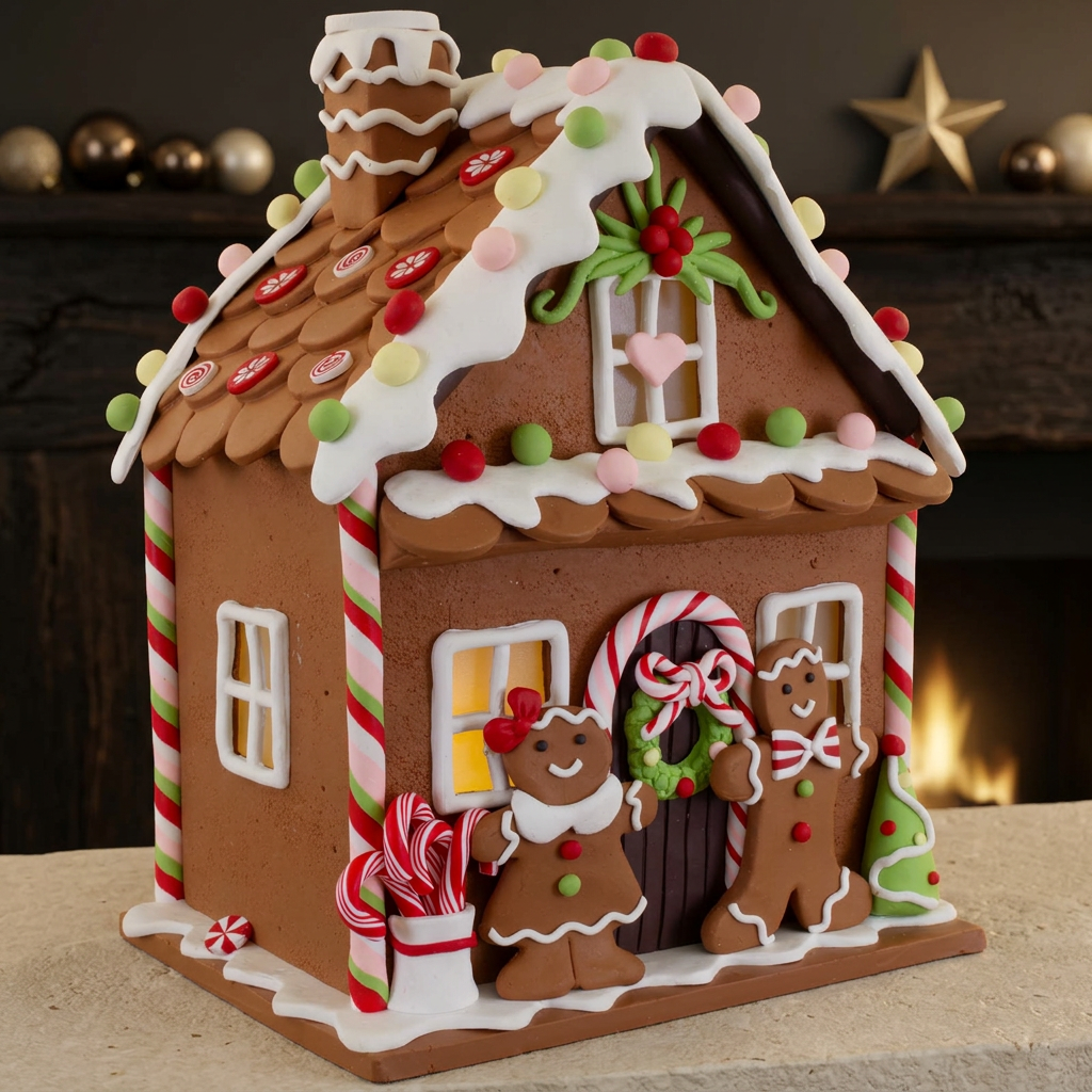 LED Gingerbread House with Timer Function and Cute Gingerbread Figures 24 cm