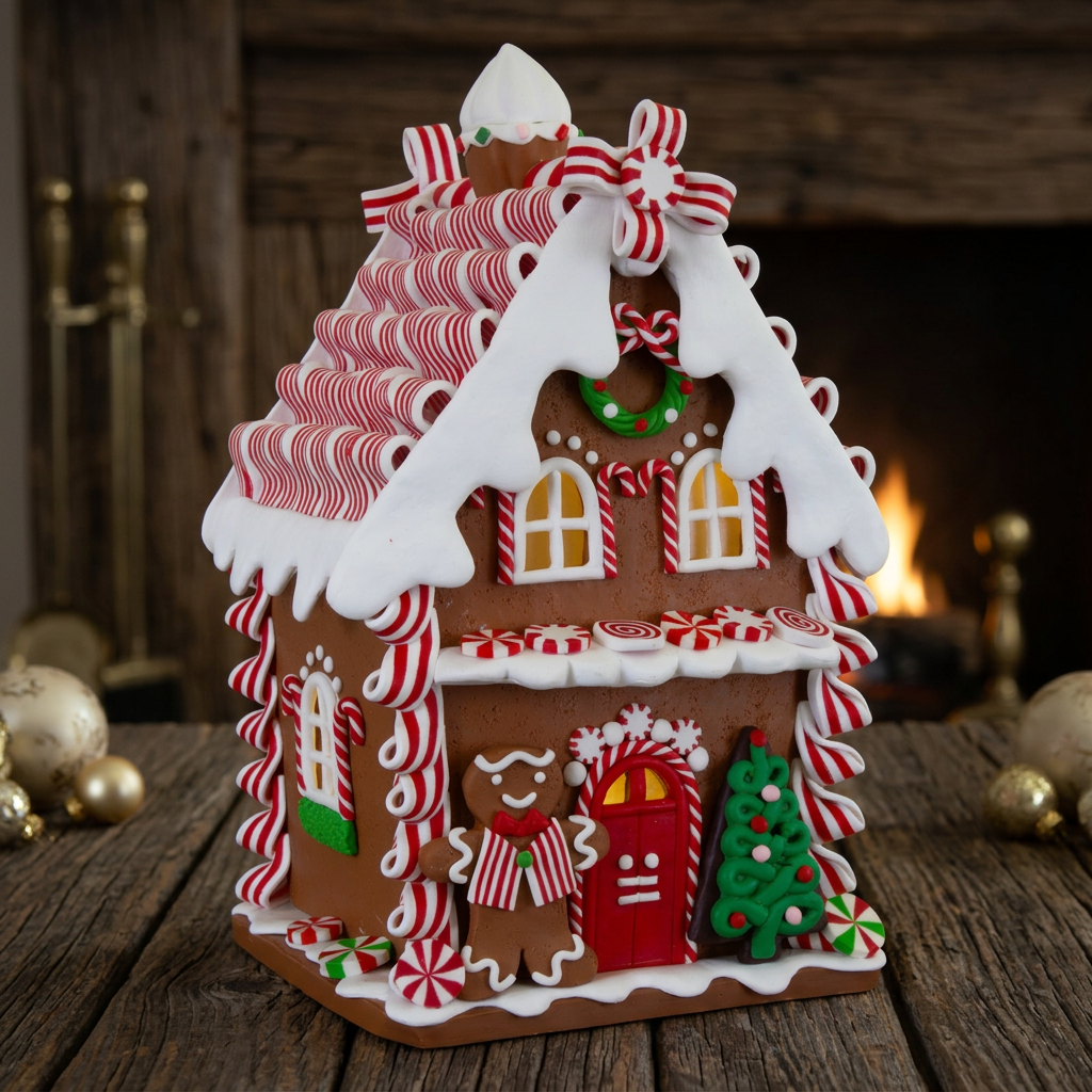 Illuminated Gingerbread House 21 cm – Decorative House with Candy Cane Details