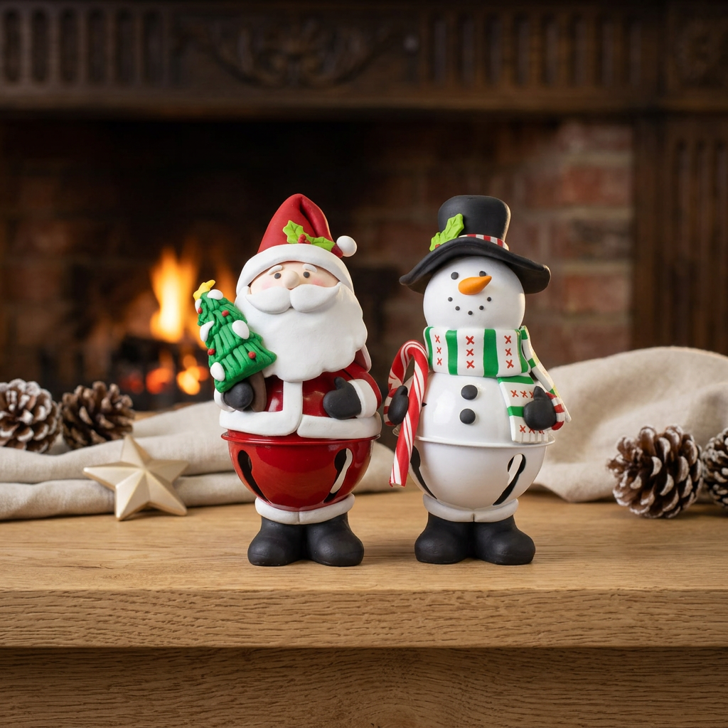 Christmas Bell 18 cm 2 Designs with Santa and Snowman - Handmade Table Decoration