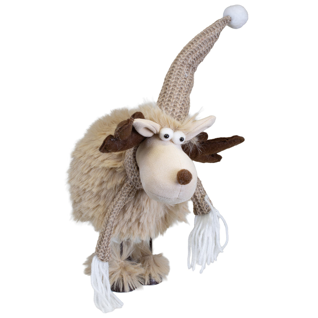 Wackelelch stehend 42 cm – flauschiger, wackelender Weihnachtshirsch mit langer Strickmütze und Schal