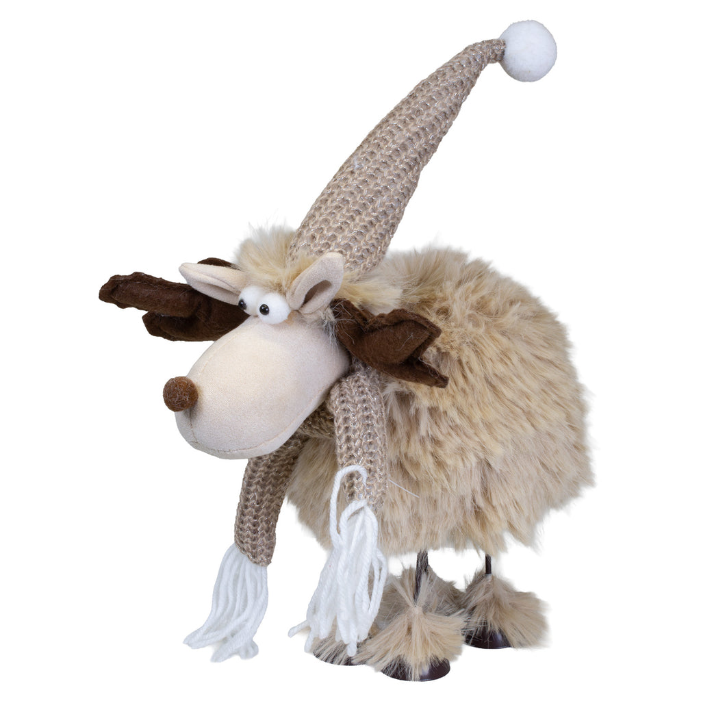 Wackelelch stehend 42 cm – flauschiger, wackelender Weihnachtshirsch mit langer Strickmütze und Schal