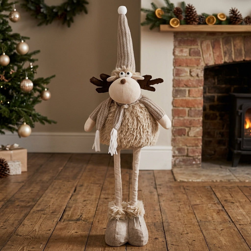 Weihnachtselch stehend 55–85 cm – Flauschiger Teleskop-Elch mit Glitzerstrickmütze, Schal & großem Geweih