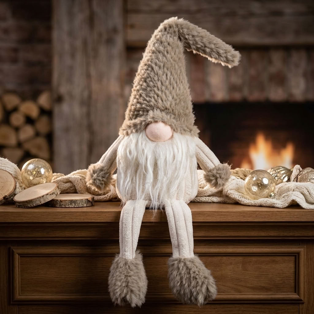 Gnome Shelf Sitter 30cm (40cm) – Fluffy Gnome with Long Beard, Pointed Hat & Big Fur Feet