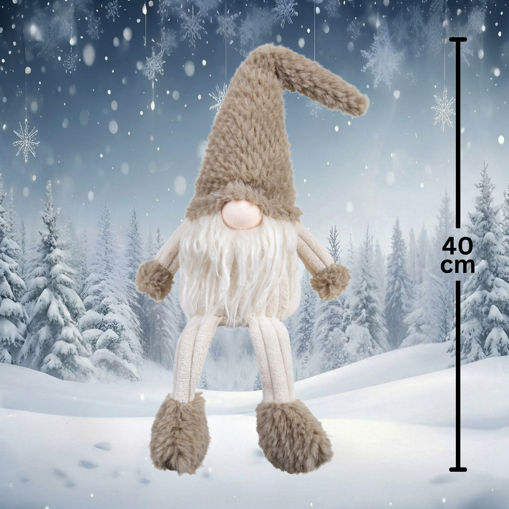 Wichtel Kantenhocker 30cm(40cm) – Flauschiger Gnom mit langem Bart, Zipfelmütze & großen Fellfüßen