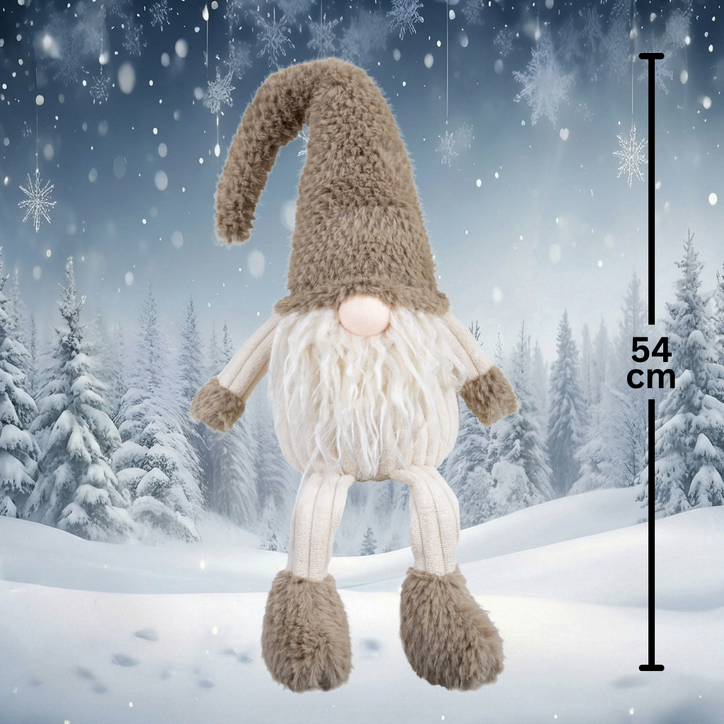 Gnome Shelf Sitter 40cm (54cm) – Fluffy Gnome with Long Beard, Pointed Hat & Large Furry Feet