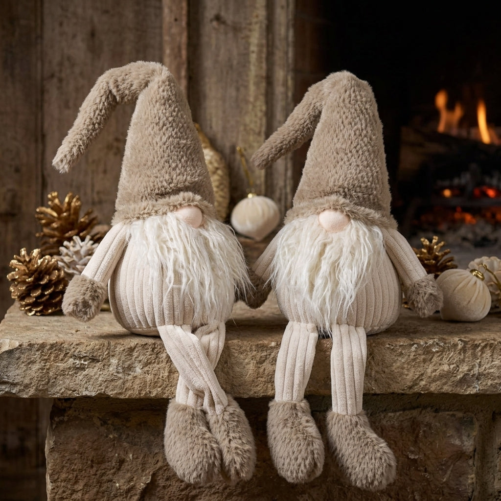Christmas Elves Shelf Sitters 50cm(70cm) Set of 2 – 2 Fluffy Gnomes with Long Beards, Pointed Hats & Big Furry Feet