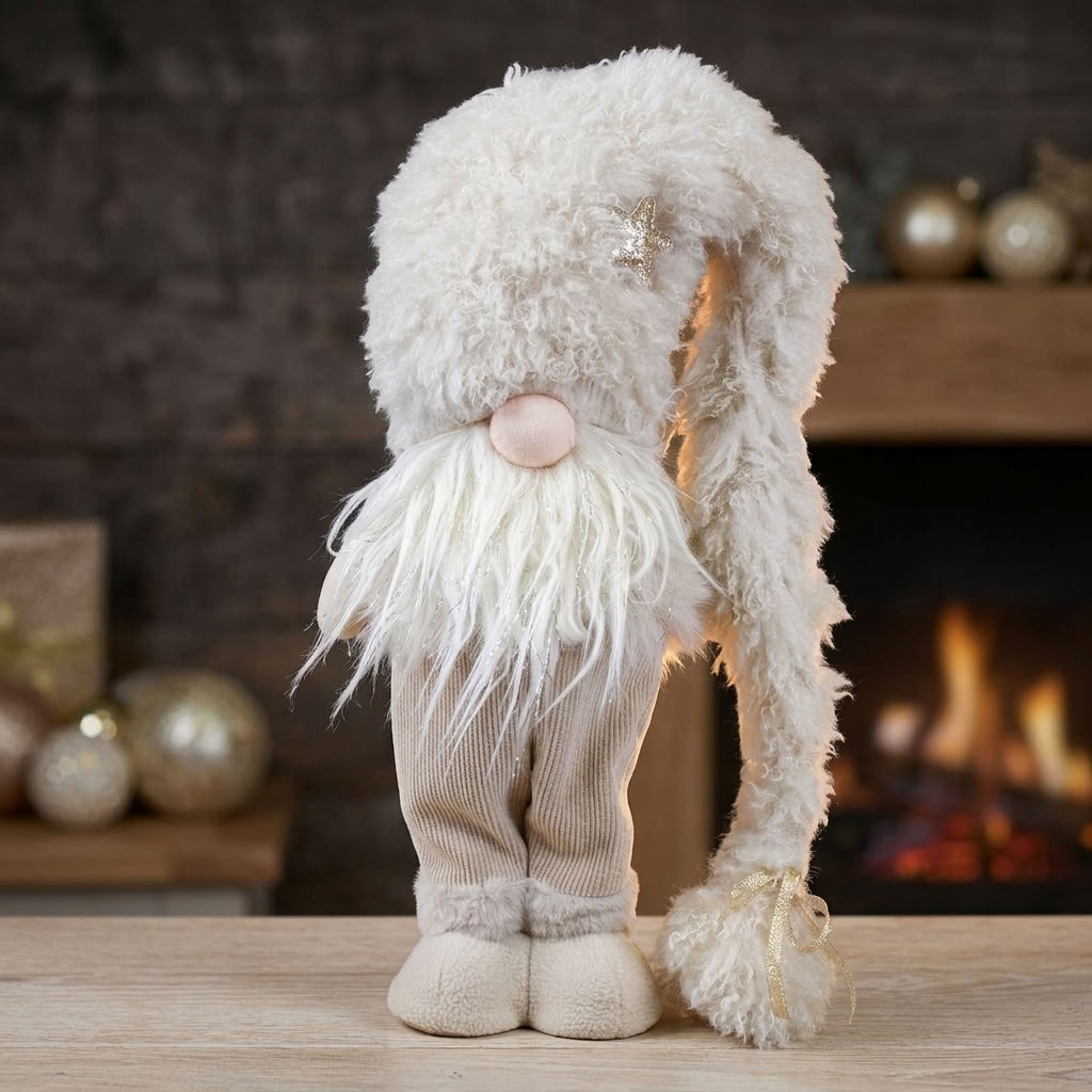 Christmas Elf standing 47 cm – Fluffy winter gnome in beige with glitter beard and long pointed hat