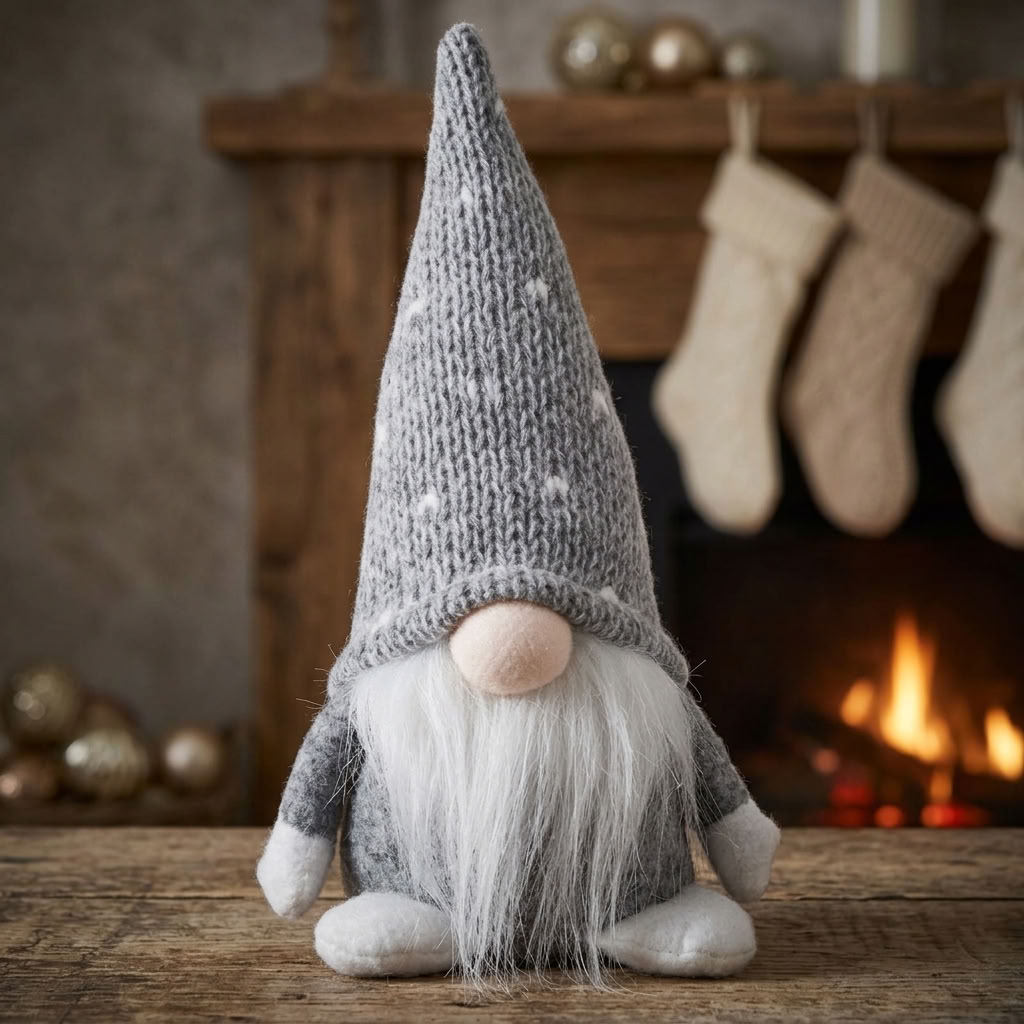 Sitting Gnome 16 cm - Cuddly Christmas Elf with Knitted Hat, Long Beard & White Feet