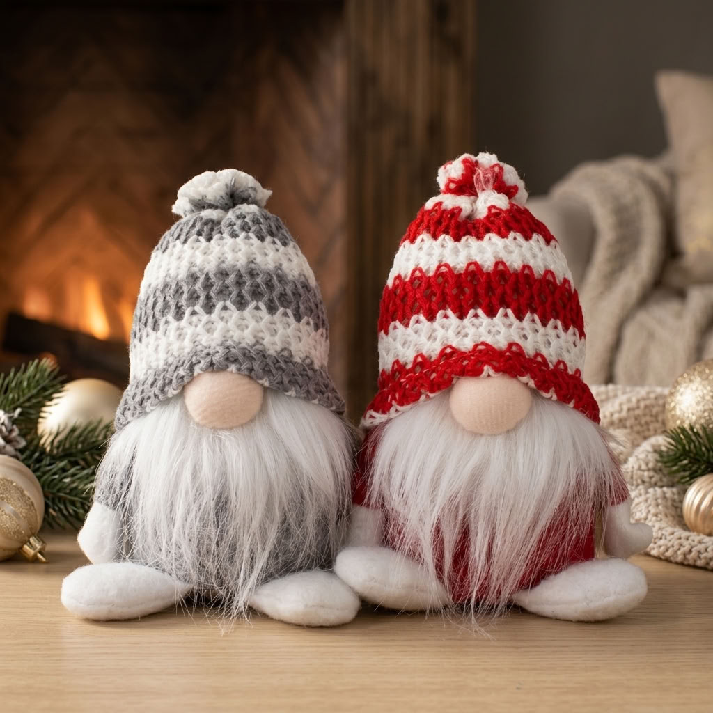 Gnom 12cm sitzend 2 Stück – Weihnachtswichtel mit Strickmütze & langem Bart, 2 Designs