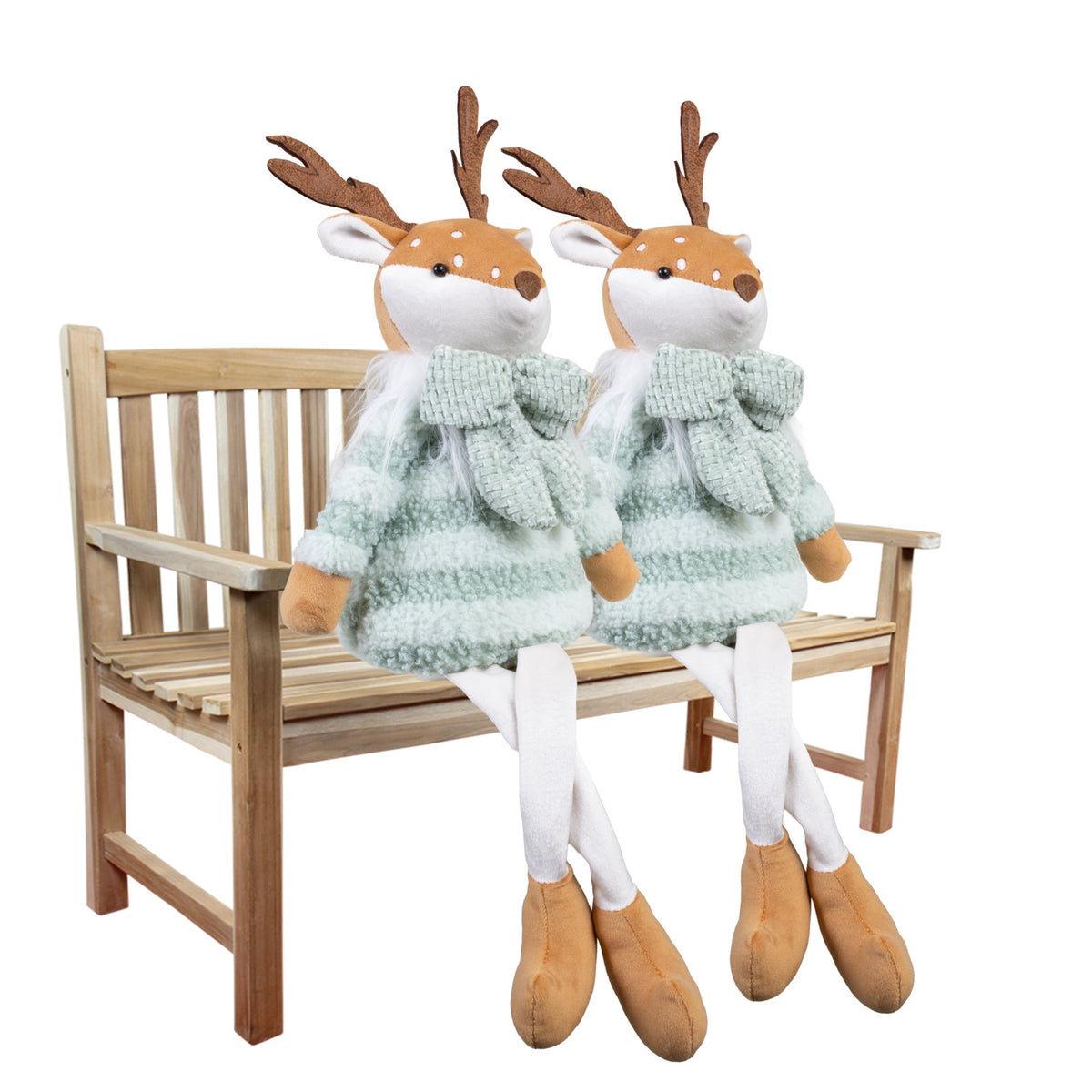 Weihnachtselch Kantenhocker 50 cm – 2er Set mit gleichen Winterelchen in Mintgrün, Schal & langen Beinen