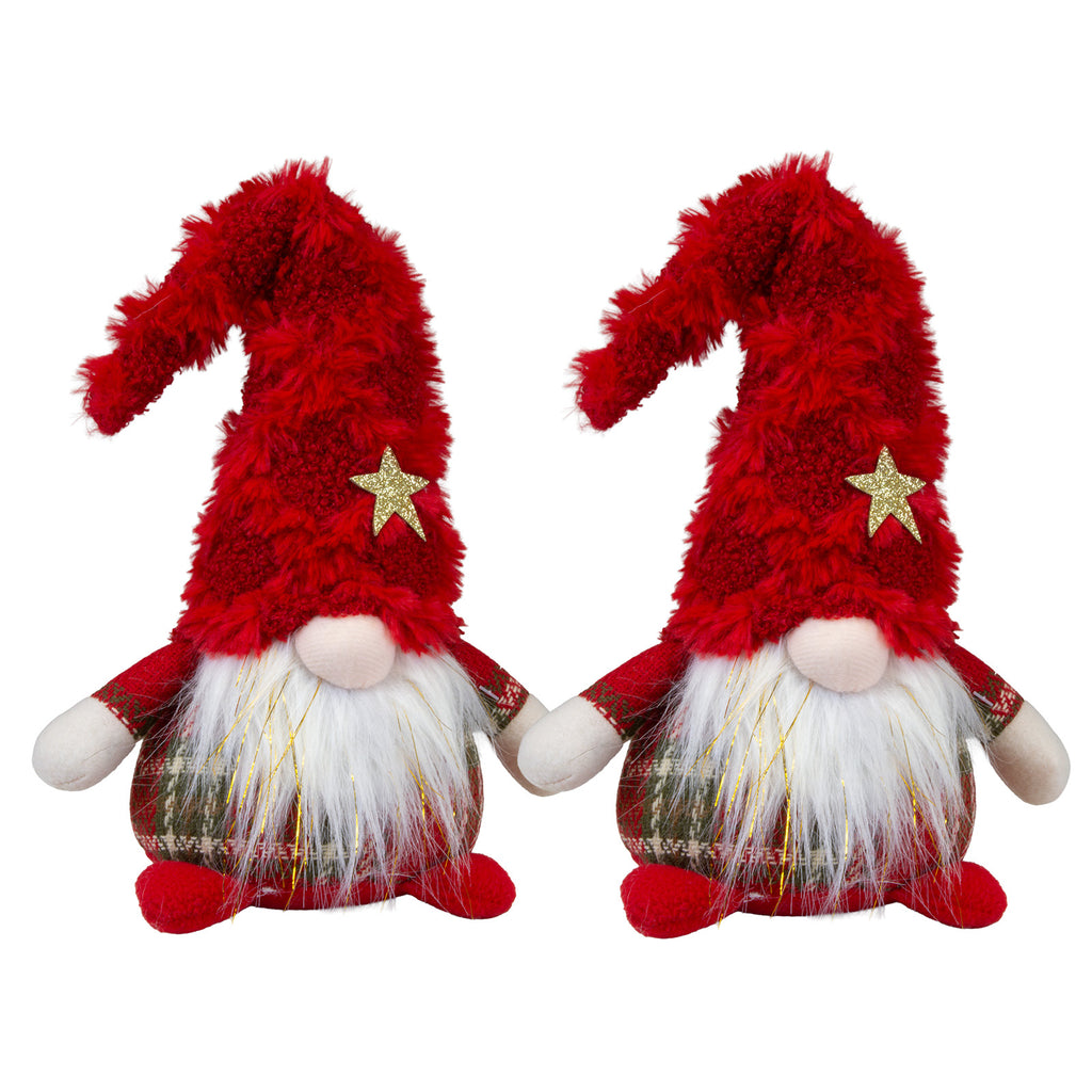 Weihnachtswichtel 2er Set stehend 20cm (35cm) mit roter Plüschmütze, goldenem Stern & Glitzerbart