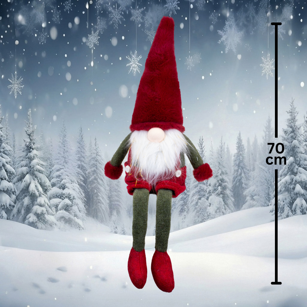 Christmas Elf Shelf Sitter 43cm(70cm) – Red Winter Gnome with long plush hat, long legs & glitter beard