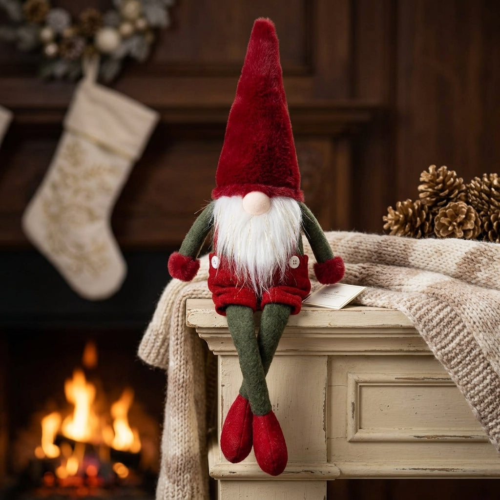 Christmas Elf Shelf Sitter 43cm(70cm) – Red Winter Gnome with long plush hat, long legs & glitter beard