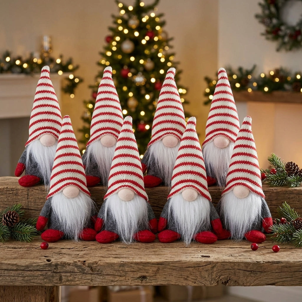 Weihnachtswichtel 16cm sitzend 8er Set – Grauer Wintergnom mit rot-weißer Strickmütze und Plüschbart
