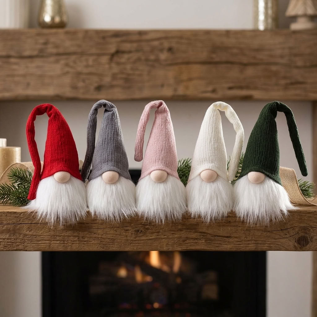 Gnome sitting 14cm (26cm) set of 5 – Christmas gnomes with long pointed hats & fluffy beards, 5 designs