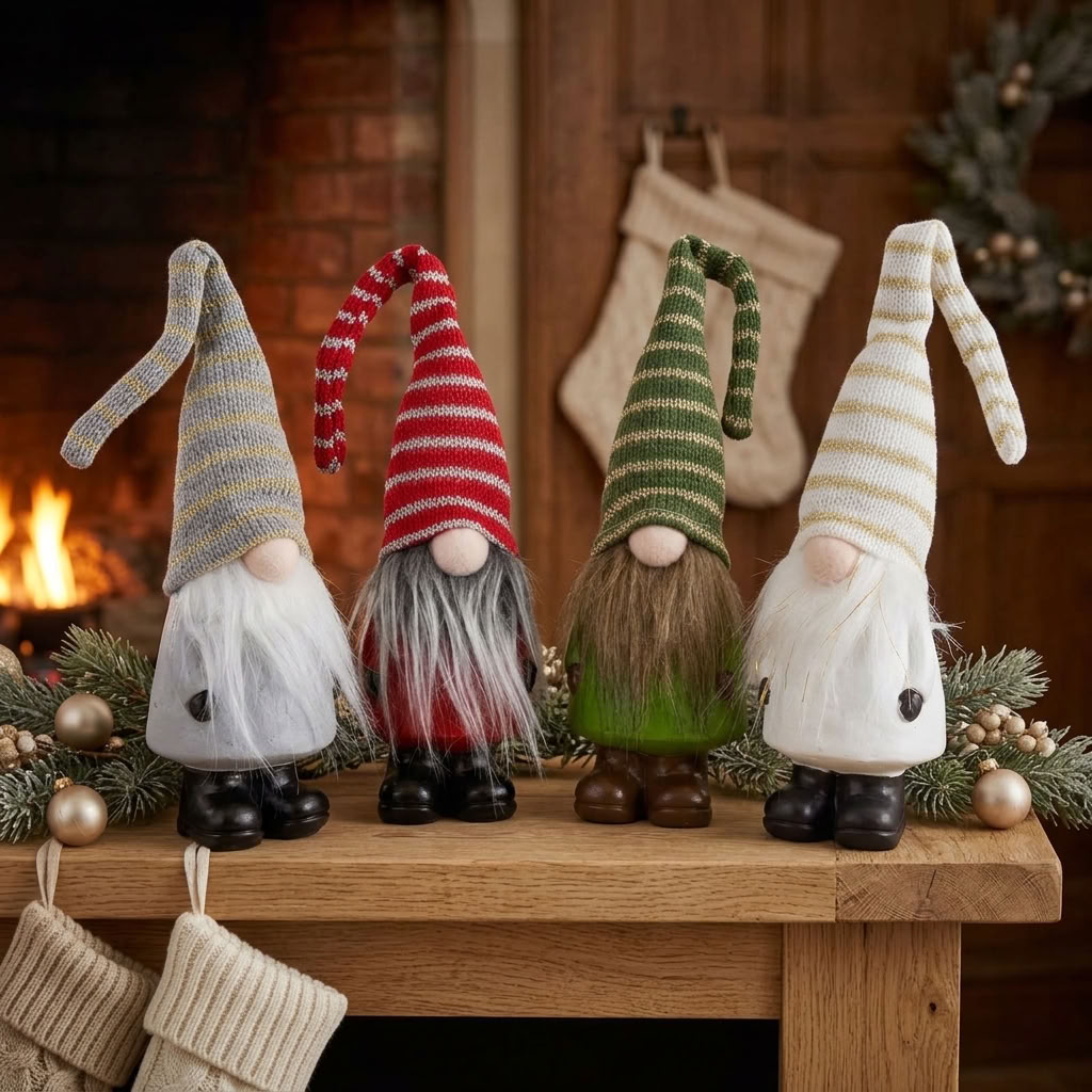 Christmas Gnomes Set of 4, standing, 23cm (31cm) – 4 designs, with long pointed hats